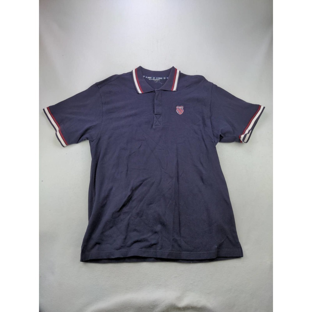 MENS K Swiss Polo Shirt Size ?  20W x 31 L Blue Striped Accents Shield Logo